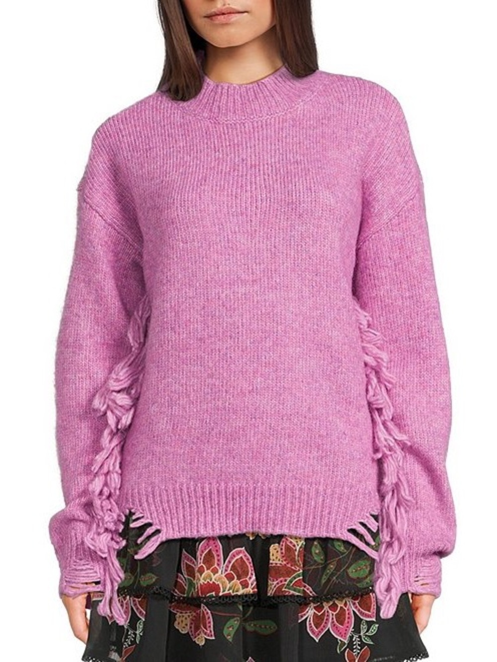 NWT Chelsea & Violet Pink Lavender Distressed Fringe Sleeve Cozy Sweater M.